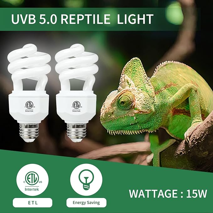 LUCKY HERP 2 Pack UVA UVB Reptile Light, 15W 5.0 UVB Bulb for Tropical and Sub Tropical Reptiles, Compact Fluorescent Terrarium Lamp, Reptile UVB Bulb for Chameleons, Lizard, Turtle