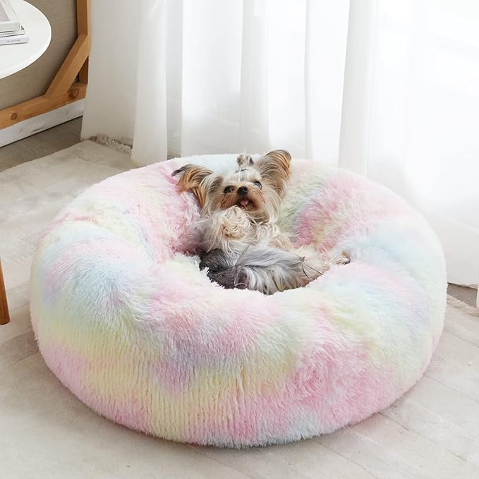 WNPETHOME Calming Dog Bed Cat Bed Donut, Faux Fur Pet Bed Self-Warming Donut Cuddler, Comfortable Round Plush Dog Beds (27 x 27 x 8 Inch, Rainbow)
