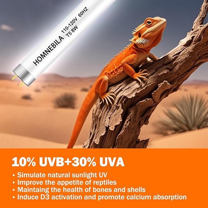 T5 10.0 UVB Reptile Light Bulb 8W, UVA UVB Light Bulb for Reptiles, 2 Pack Reptile UVB Lamp Tube 12 Inch, for Bearded Dragon, Lizards, Chameleons
