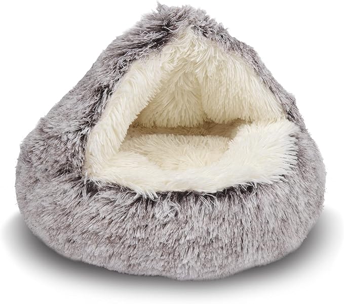ShinHye Cat Bed Round Plush Fluffy Hooded Cat Bed Cave, Cozy for Indoor Cats or Small Dog beds, Soothing Pet Beds Doughnut Calm Anti-nxiety Dog Bed - Waterproof Bottom Washable, (23×23inch, Coffee)