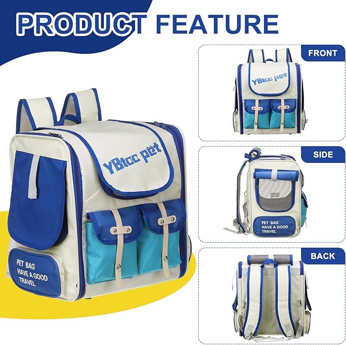 Pet Backpack Carrier, Portable and Ventilated, Oxford Cloth, Dogs Cats and Small Animals Travel Bag 13.39", (Beige, White, Blue, 1 Pcs), Intended for Hiking/Camping/Traveling