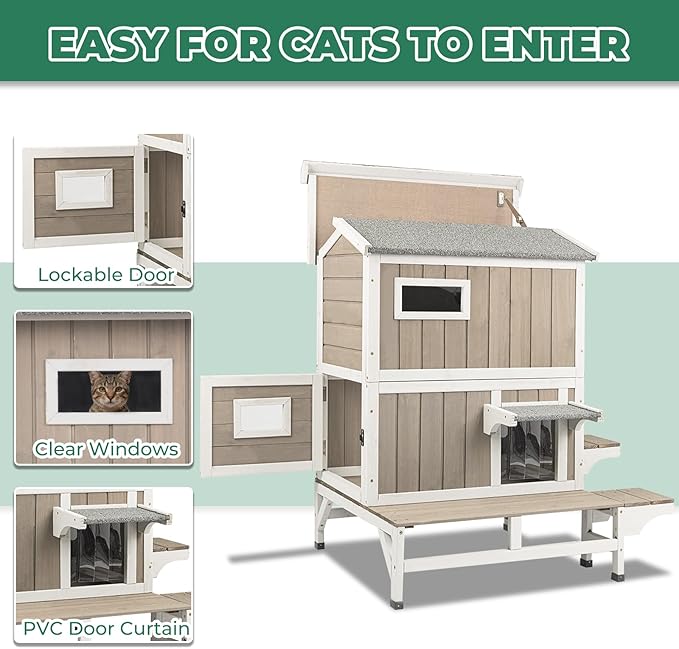 Cat Houses for Outdoor Cats, Wooden Two Story Cat House Weatherproof with 3 Jumping Platforms, 3 Doors, Balcony, Indoor Feral Cat Shelter with Openable Roof for Small Animals, Grey