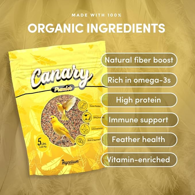 Mycelium Canary Premier Bird Food (5 LB Bag) | Organic, High-Protein Canary Seed Mix with Flax & Whole Eggs | Supports Brain & Heart Health | Vitamin-Enhanced, Non-GMO, Made in USA