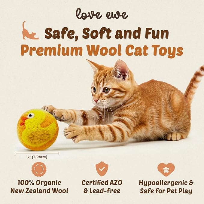 Hustle & Blush Love Ewe Felted Cat Toys 3 Pack - 2 Inch Duck & Bunny Hand Made Cute & Fun Design Kitten Wool Felt Balls for Indoor Play & Exercise - 100% New Zealand Handmade - Holiday Pet