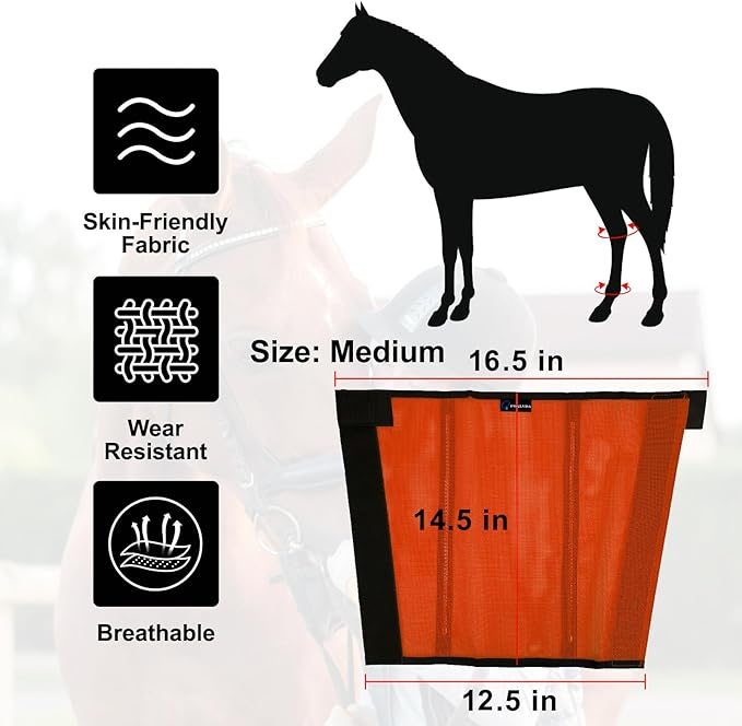 FOXLVDA Horse Fly Boots - Fly Boots for Horses Set of 4, Comfortable Horse Leggings, Mesh Material Design with Metal Support Bars for Reduces Stomping & Leg Fatigue (Orange, Medium)