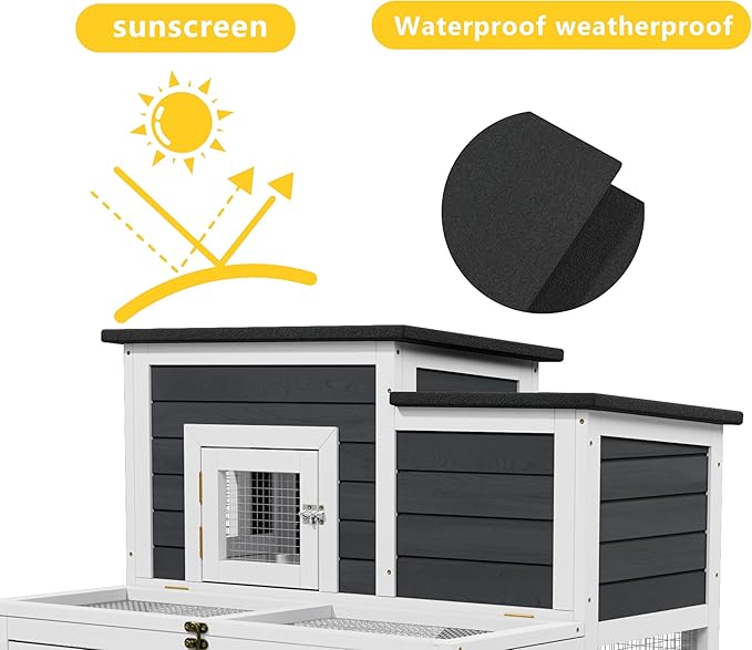 Outdoor Bunny Cage 2-Tier Rabbit Hutch & Chicken Coop with Wire Run, Wooden Poultry House with Pull-Out Tray, Waterproof Rabbit Hutch for Outside (White & Black)