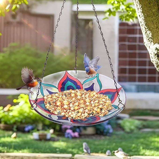 MUMTOP Hanging Bird Baths for Outdoors - Glass Bird Bath, 11 Inch Hanging Bird Bath Bird Feeder Bowl for Outside, Garden, Lawn Yard Decor (Colorful Kaleidoscope)