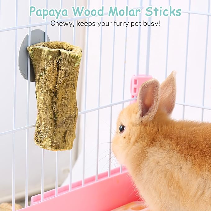 Fhiny Rabbit Chew Toys, 3 PCS Hanging Natural Papaya Wood Chew Sticks Guinea Pig Treats for Dental Care Small Animal Molar Snacks Bunny Treats for Rabbits Guinea Pigs Chinchillas Hamsters Gerbils