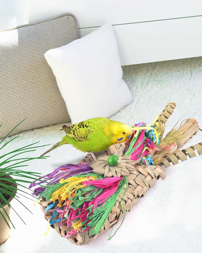 Bissap Bird Chew Toys, Parrot Foraging Shredder Natural Palm Frond Woven Bag Hanging Cage Toy with Chewing Treats for Conure Budgie Cockatiel Cockatoos and Similar Sized Pet Birds