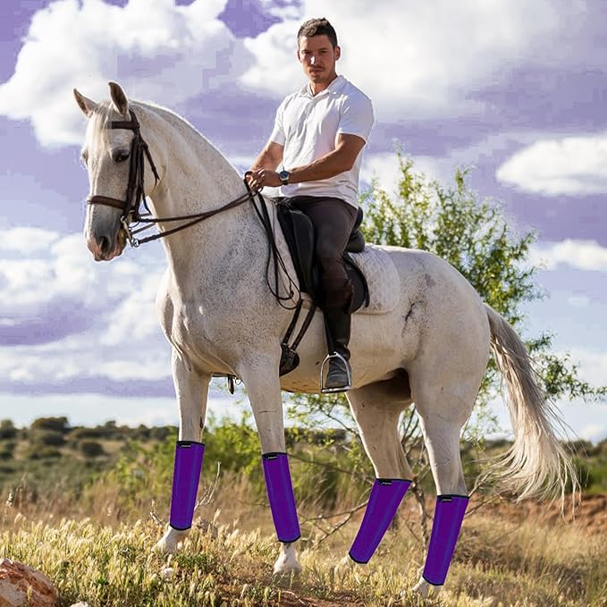FOXLVDA Horse Fly Boots - Fly Boots for Horses Set of 8, Comfortable Horse Leggings, Mesh Material Design with Metal Support Bars for Reduces Stomping & Leg Fatigue (Blue-Purple, Large)