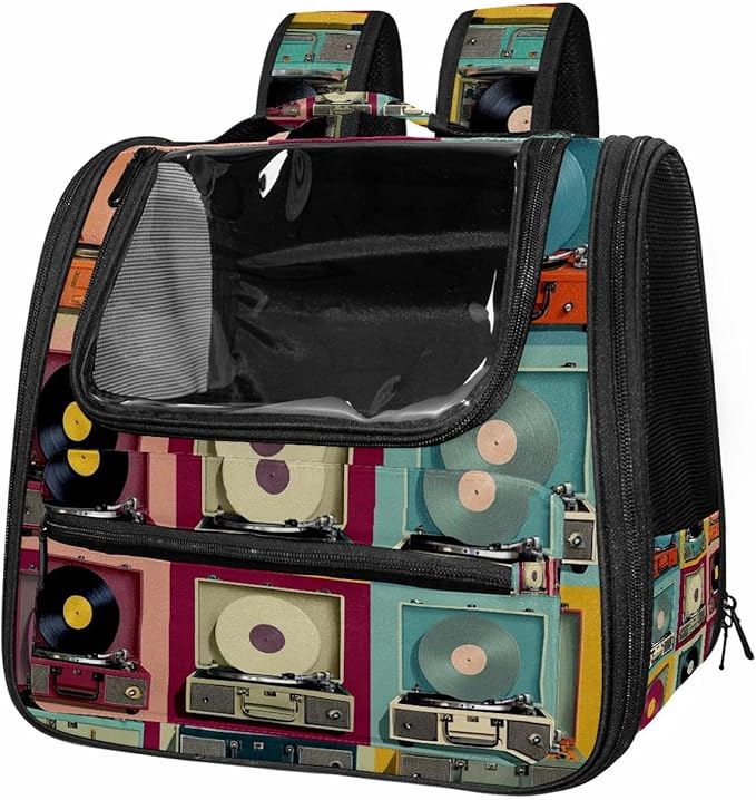 Color Record Player Pattern (1) Cat Carrier Backpack,900D Wear-Resistant Oxford Fabric, Dog Carrier Cat Backpacks Suitable for Travel