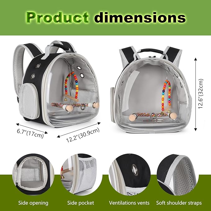Portable Parrot Travel Cage Carrier with Small Swing Toy&Cage Colorful Toys Set Small Bird Parakeet Bag with Standing Perch Bird Carry Transport Bag (Black, Backpack/Swing)