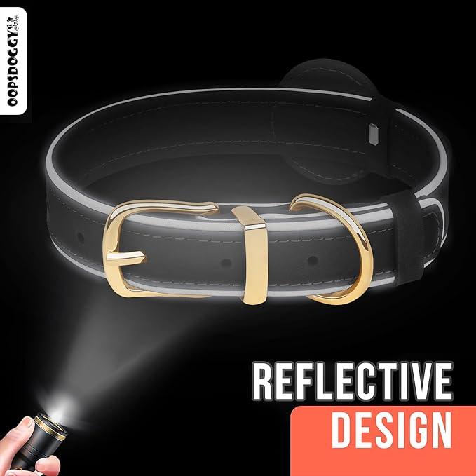 OOPSDOGGY Reflective Geniune Leather Airtag Dog Collar Soft Padded Collars for Small Medium Large Breed Dogs Puppy, 4 Sizes, 7 Colors (Camel, XLarge, 19"-24")