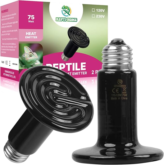 75W Ceramic Heat Emitter (2 Pack), Reptile Heat Lamp Bulbs, Ceramic Heater for Amphibian, Pet Brooder Coop, Chicken, Dog