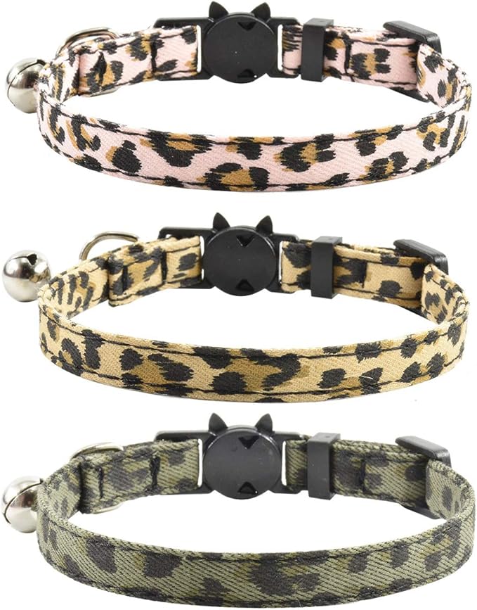 Breakaway Cat Collars with Bell, Set of 3, Durable & Safe Cute Kitten Collars Safety Adjustable Kitty Collar for Cat Puppy 7.5-11in (Leopard)