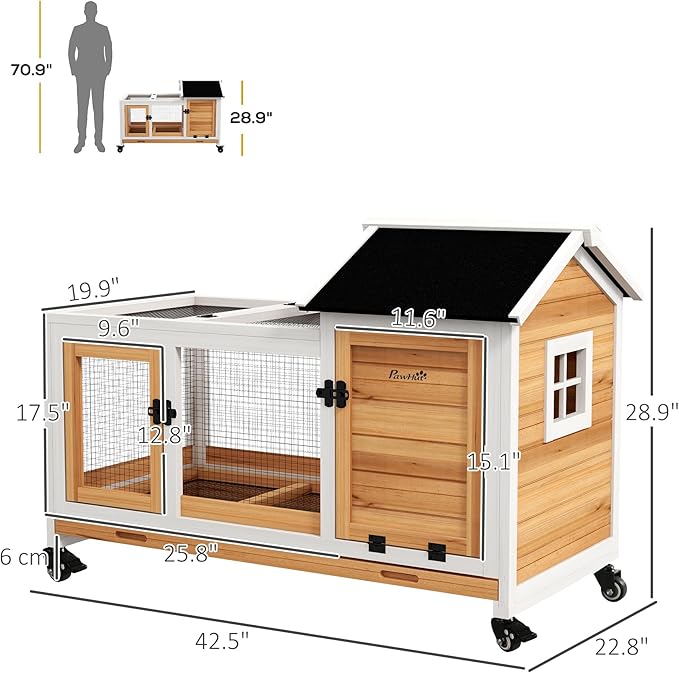PawHut Wooden Rabbit Hutch with Wheels, Indoor Outdoor Large Bunny Hutch with Run & Slide-Out Tray for Small Animals, Rabbits, Chickens, Ducks, Guinea Pig, Yellow