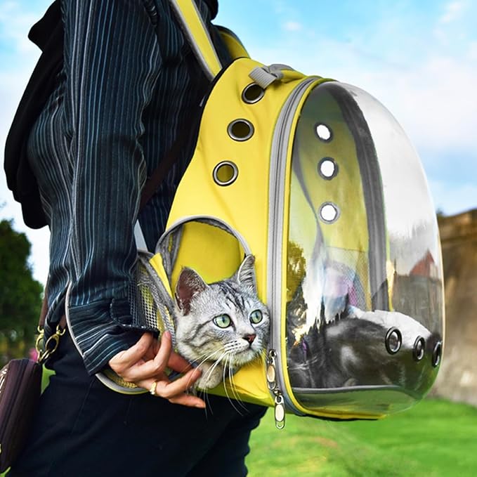 Cat Backpack Carrier Back Expandable Bubble Pet Carrier Backpack for Large Cat, Kitten and Dog, Designed for Hiking, Travelling and Outdoor Use (Back Expandable-Yellow New)
