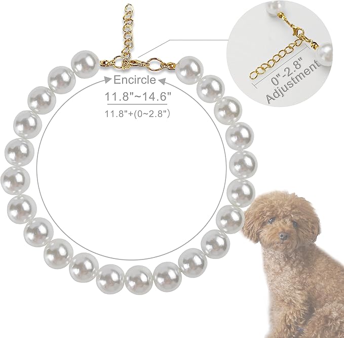 Chunky Pearl Dog Collar(0.55 Inch) for Small Dogs Cats, Adjustable Beaded Dog Collar Imitation White Pearls, Elegant Dog Jewelry Girl Accessories for XS Extra Small Dogs Necklace