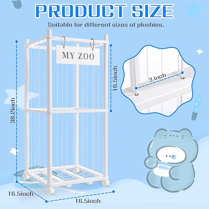Stuffed Animal Storage Zoo with Wheels, Wooden Stuffed Animal Organizer with Elastic Cords, Space Saving Toy Plushies Storage Holder for Playroom, Bedroom, Living Room(White, Small)