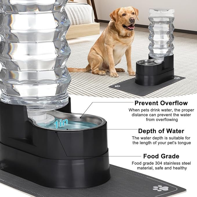 RIZZARI Automatic Pet Waterer, Gravity Stainless Steel Water Dispenser, 100% BPA-Free, Large Capacity Water Feeder for Cats and Small and Medium-Sized Dogs (Black Raised, 9L)