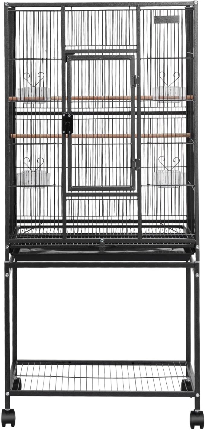 VEVOR Bird Cage, 24.6 x 16.7 x 53.9 inch, Flat Top, Wrought Iron Bird Flight Cage with Perches, Slide-Out Tray and Plastic Feeders, Casters, for Parrot, Blue Tit, Cockatiel, Canary, Budgerigar, Conure