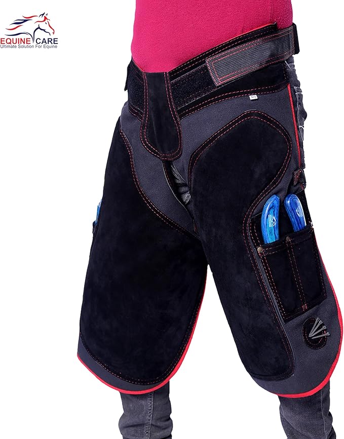 Equine Care Farrier Apron Chaps – Cowhide Leather & 500 GSM Canvas, EVA Padded Air-Mesh, Dual Magnetic, Adjustable Waist, Ergonomic Apron for Farriers, Blacksmiths & Hoof Trimming (25 inches (65 cm))