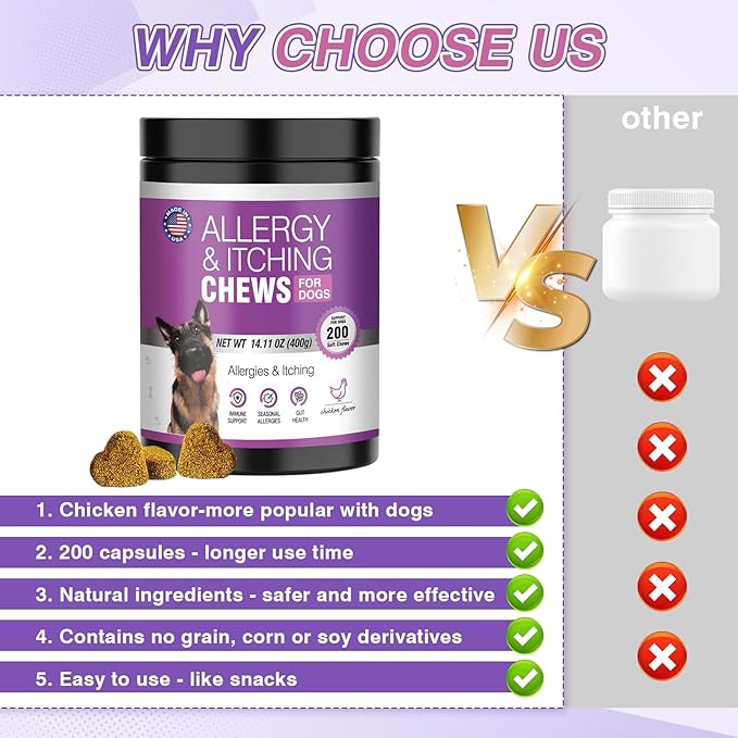 Dog Allergy Chews 200ct - Dog Allergy and Itching Skin Relief Anti Itch Aller Immune Bites for Dogs Licking Paws Treatment Relief Itchy Chew Probiotics Vitamins for Skin and Coat Allergies - Chicken