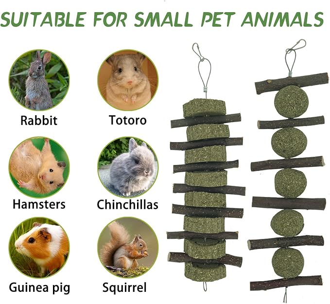 Rabbits Bunny Chew Toys Treats Natural Wood Timothy Hay Grass Cakes Balls Chew Toys Treats for Hamster Chinchilla Guinea Pigs 6pcs