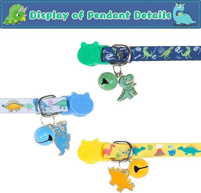 Breakaway Cat Collars with Bell & Cute Pendants, 3 Pack Safety Buckle Kitten Collars, Adjustable Pet Collar Ideal for Girl Boy Cats Puppy (Style A - Dinosaur)
