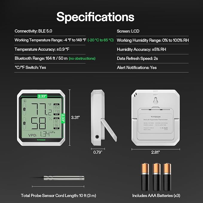 VIVOSUN AeroLab THB1S Wireless Bluetooth Hygrometer Thermometer Indoor, VPD, Digital Temp Humidity Meter, LCD Smart App Control & Alert, Data Storage, Dual Channels with Sensor Probe, Battery Included