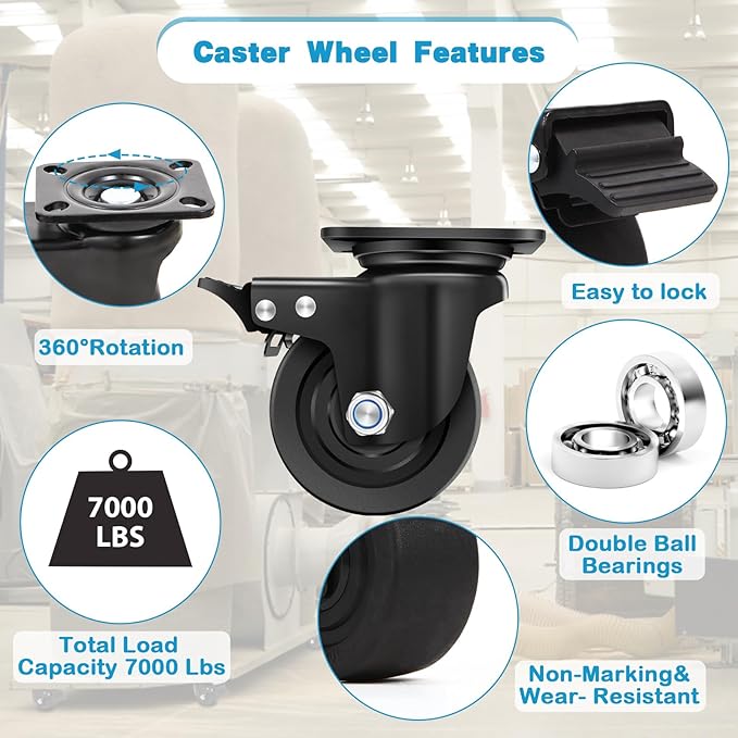 Nefish 4-Inch Heavy Duty Casters Set of 4, Industrial Grade Casters Wheels 7000 LBS, Low Gravity Plate Swivel Caster with Brake, Sturdy & Corrosion-Resistant Nylon Wheels for Industrial, Equipment