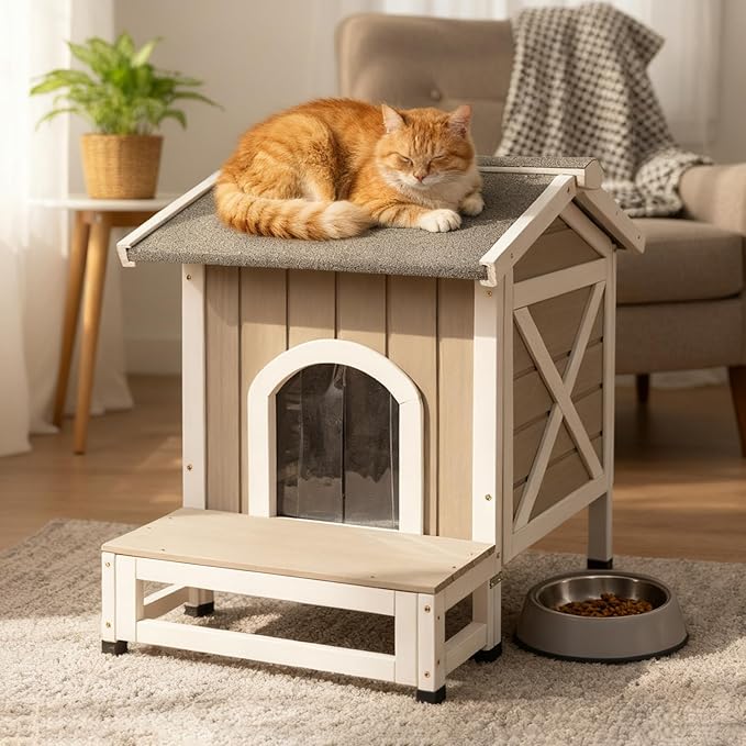 Small Outdoor Cat House Weatherproof, Wooden Cat House with Openable Roof, 2 Doors, Balcony, Outside Indoor Pet Feral Cats Houses Shelter with Elevated Feet for Small Animals, Grey