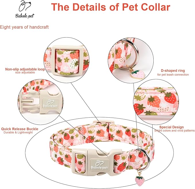 Strawberry Dog Collar for Small Dogs - Cute Spring Pink Dog Collars, Summer Pastel Puppy Collars, Soft Adjustable Boy Girl Dogs Collar with Quick-Release Buckle XS