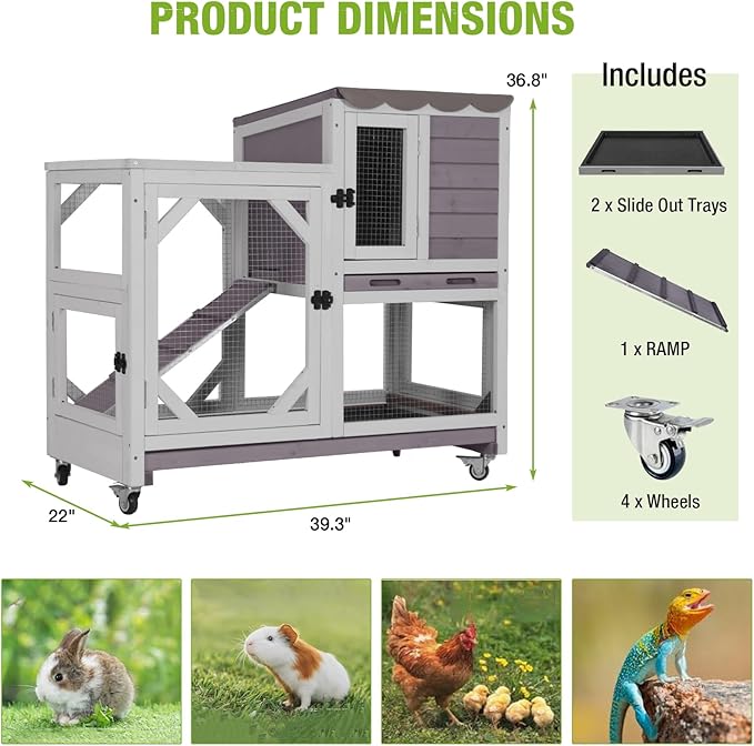 Gutinneen 2-Story Rabbit Hutch Indoor Bunny cage Outdoor Wooden Rabbit Cage House with Chew-Proof Ramp, 2 Leak-Proof Trays, 4 Lockable Wheels for Rabbits, Guinea Pigs, 39.3”L×22”W×36.8”H (Grey)