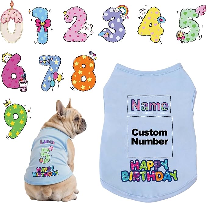 Custom Dog Birthday Shirt,Personalized Pet Apparel Print with Name Age Number,Pet Birthday Outfit,Lightweight Breathable Cotton Vest for Small Medium Large Dogs Cat (Blue, X-Large)