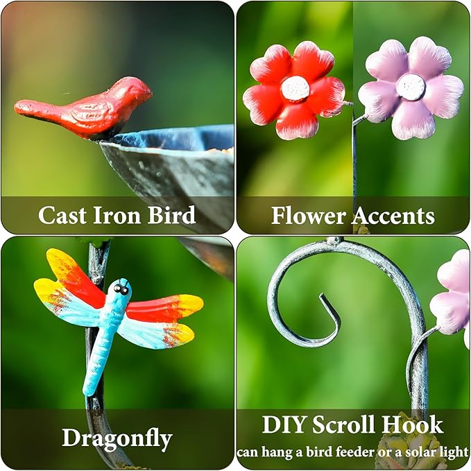 Bird Baths, 58" Tall Bird Bath and Feeder Stake, Standing Bird Baths for Outdoors, Metal Decorative Birdbaths and Feeders Combo for The Garden, 2 in 1 Outside Birdbath with 5-Prong Stake