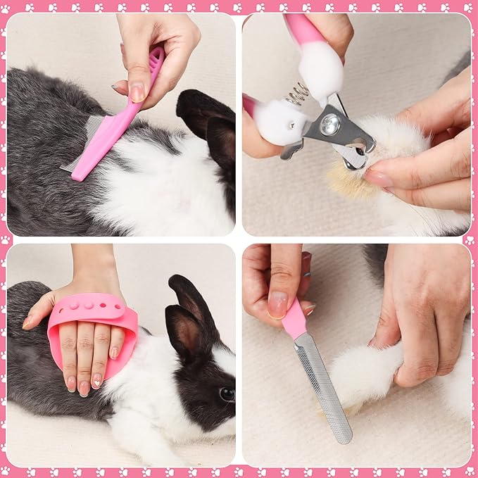 Rabbit and Small Pet Grooming Kit - Slicker Brush, Massage Glove, Nail Clipper, Flea Comb, Double-Sided Brush for Rabbits, Guinea Pigs, Hamsters (Pink)