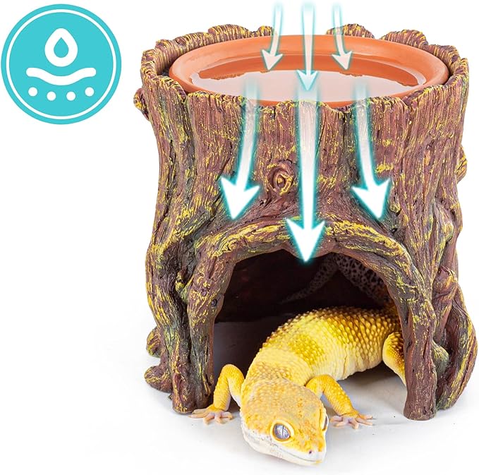 REPTIZOO Reptile Hide Cave Resin Moisture Keeping Reptile Cave with Clay Water Basin Humidifying Help Shedding for Leopard Gecko