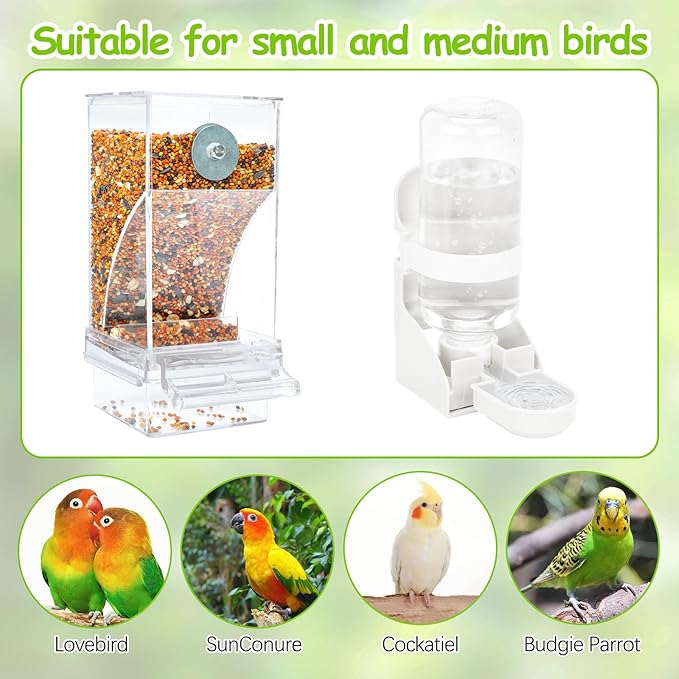 Rypet No Mess Bird Water Feeder Dispenser Set Automatic Bird Feeder Transparent Food Container Cage Acrylic Parrot Feeders Accessories for Small Birds Parrot Cockatoo Canary