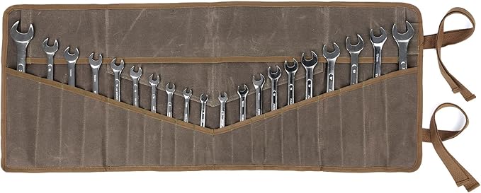 Denifiter Wrench Roll Up Pouch, Heavy Duty Waxed Canvas Tool Roll Bag Tool Organizer Bag With 20+4 Pockets (Brown)