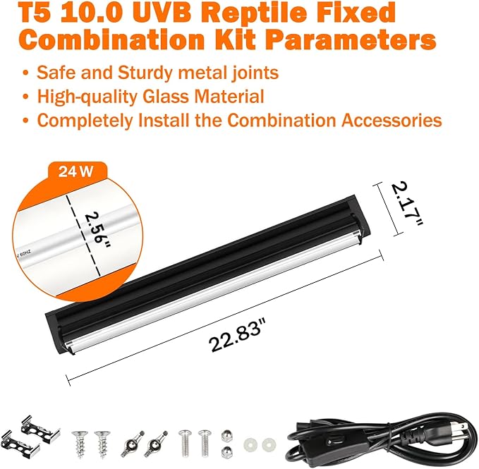 T5 10.0 UVB Reptile Light Fixture, T5 UVA UVB Light Tube Lamp Blub 24W 22" for Bearded Dragon, Tortoise,Desert Lizards,Leopard Gecko,Reptile & Amphibian Lamp