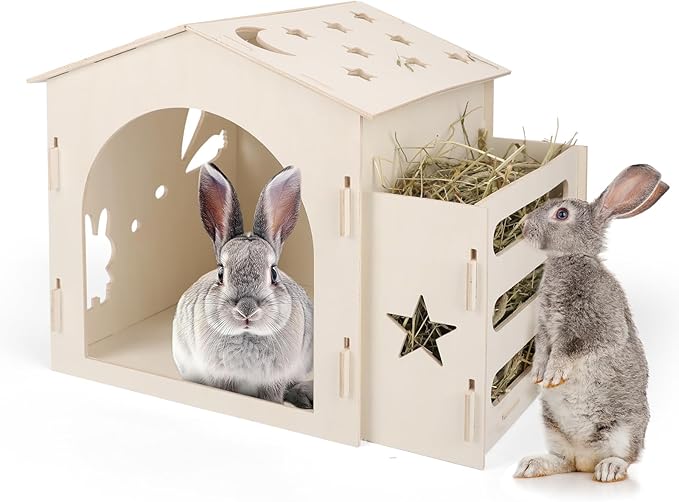 Extra Large Rabbit House & Rabbit Hay Feeder, Indoor Bunny Castle with Feeder, Small Animal Houses & Habitats and Guinea Pig Hay Feeder