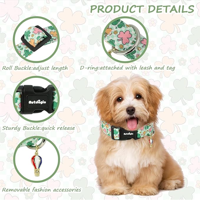 St. Patrick's Day Dog Collar,Puppy Collar with Lucky Shamrock Chequered Pattern,Adjustable Spring Cotton Collars Gifts for Small Medium Large Dogs,Dog Accessories S