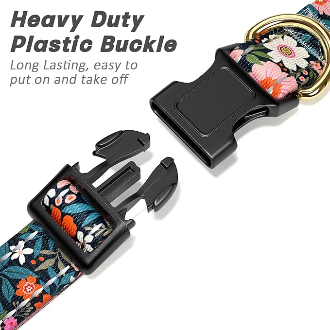 Reflective Dog Collar for Large Dogs, Cute Flower Theme Adjustable Heavy-Duty Nylon Puppy Collar for Boy and Girl Female, Soft Pet Accessories with Quick Release Buckle, Elegant Floral