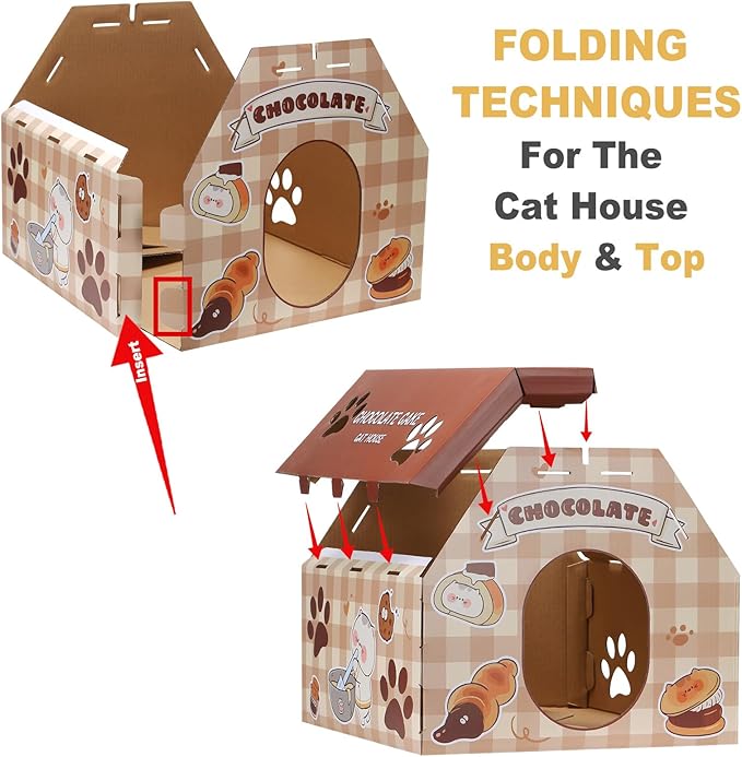 Cardboard Cat House with Scratcher - Chocolate Cake Carton Cat Box - 18''L x 15.5''W x 14''H for Cats up to 20 Lbs, Sturdy Kitty Playhouse & Hideaway - Indoor Feline Scratch Toy