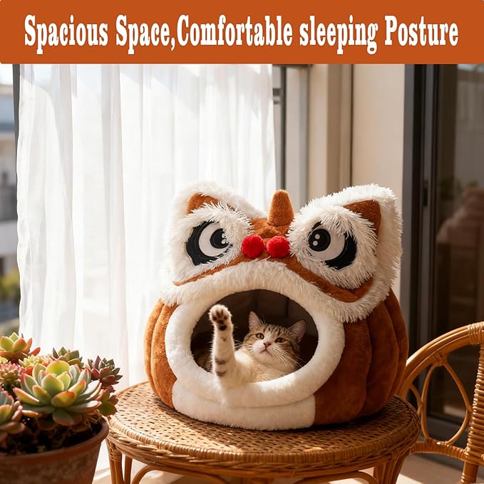 Cute Lion Head Pet Beds for Cats, Removable and Washable Winter Closed-Off Cat Bed, Soft Cozy Plush Cat House & Dog Cave with Cushion for Small Medium Cats Dogs, Semi-Enclosed Warm Nest (Brown, M)