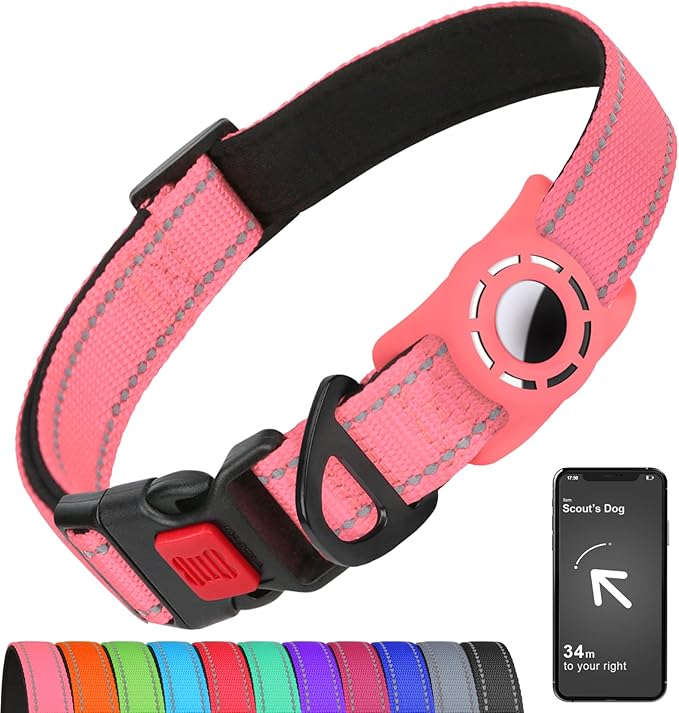 Airtag Dog Collar with AirTag Holder for Large Dogs, Reflective, Soft Padded & Safety Locking Buckle, Nylon Pet Collars Adjustable for All Breeds, Pink,XL