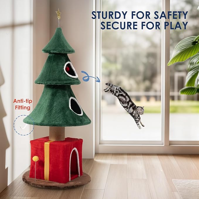 60" Tall Christmas Cat Tree with Three Entrances, Stable Christmas Cat Tower with Scratching Posts and Gift Box, for Indoor Cats (60" Tall)