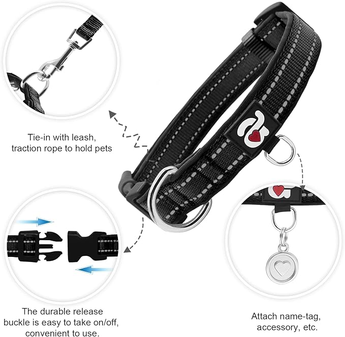 azuza Reflective Dog Collar with Airtag Holder, Soft Neoprene Padded Pet Collar with ID Tag Ring, Adjustable for Small Dogs,Black,L