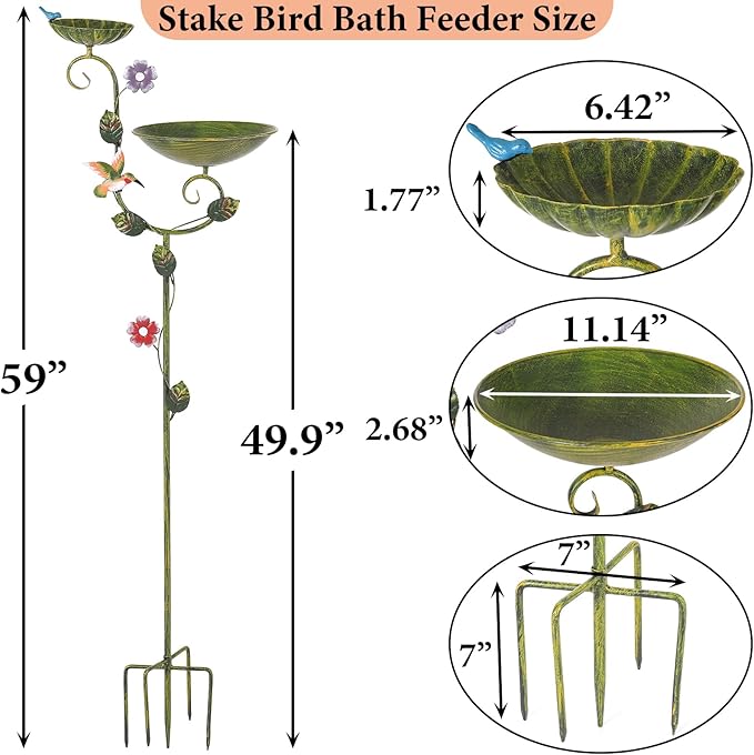 Bird Baths for Outdoors, 58" Tall Free Standing Bird Bath and Feeder Combo, Metal Birdbath with 5-Prong Stake for Outside, Decorative 2 in 1 Birdbaths Feeders for The Garden Yard Lawn